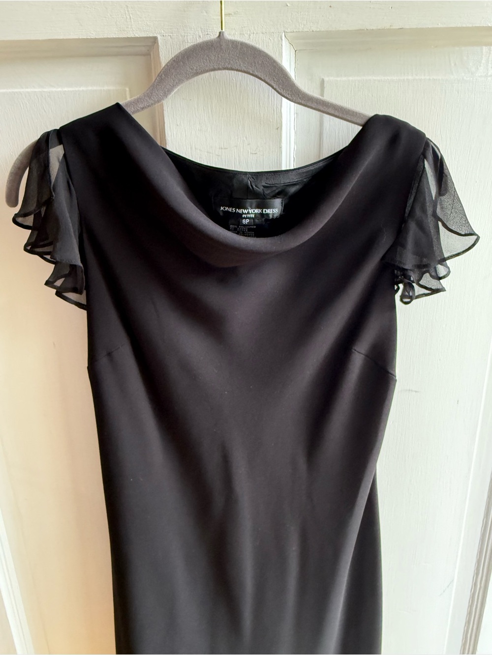 Jones New York Black Ruffle Sleeve Midi Dress Draped Collar